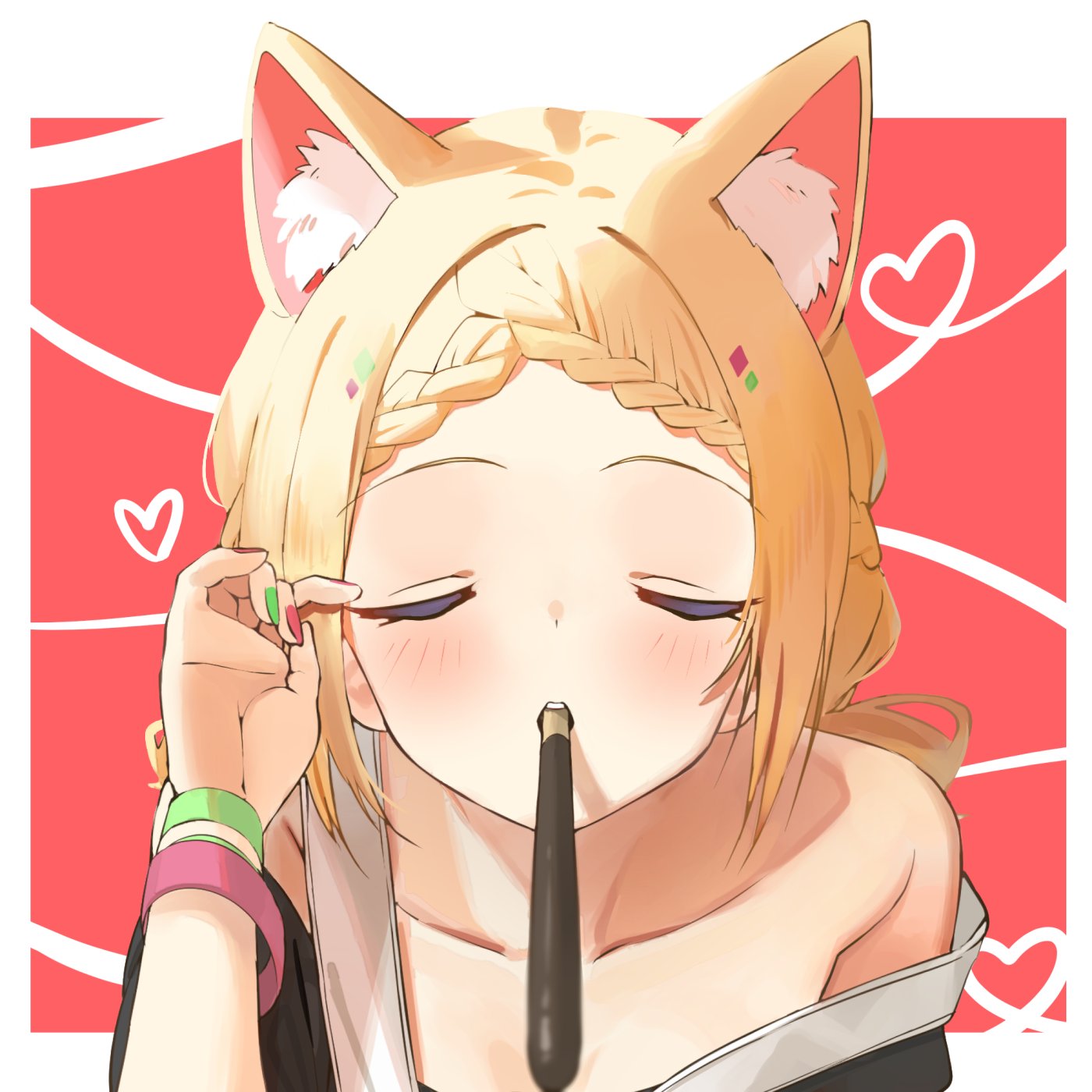 1girl, aki_rosenthal, animal_ear_fluff, animal_ears, bangs, bare_shoulders, blonde_hair, blush