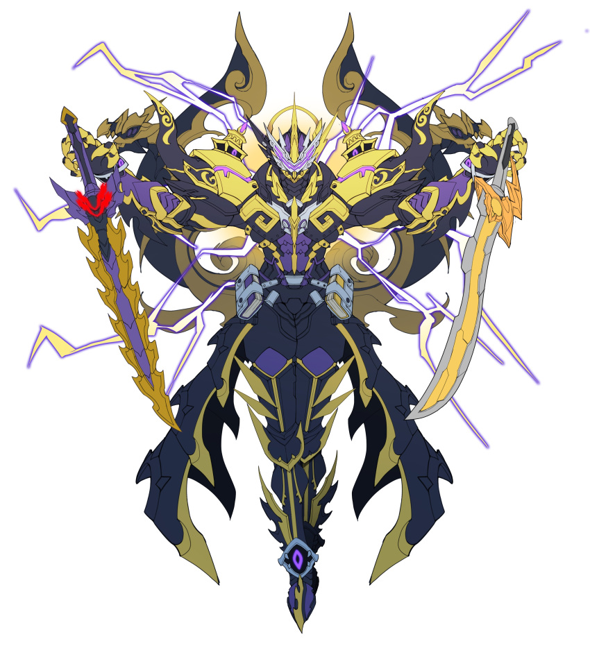 1boy, absurdres, armor, black_armor, catball1994, clawed_gauntlets, dragon, dual_wielding, electricity, full_armor, gold_trim, halo, highres, holding, holding_sword, holding_weapon, horns, kamen_rider, kamen_rider_espada, kamen_rider_saber_(series), lightning, male_focus, original, pauldrons, redesign, sharp_teeth, shoulder_armor, shoulder_spikes, single_horn, solo, spiked_armor, spikes, sword, teeth, tokusatsu, violet_eyes, visor, weapon, white_background