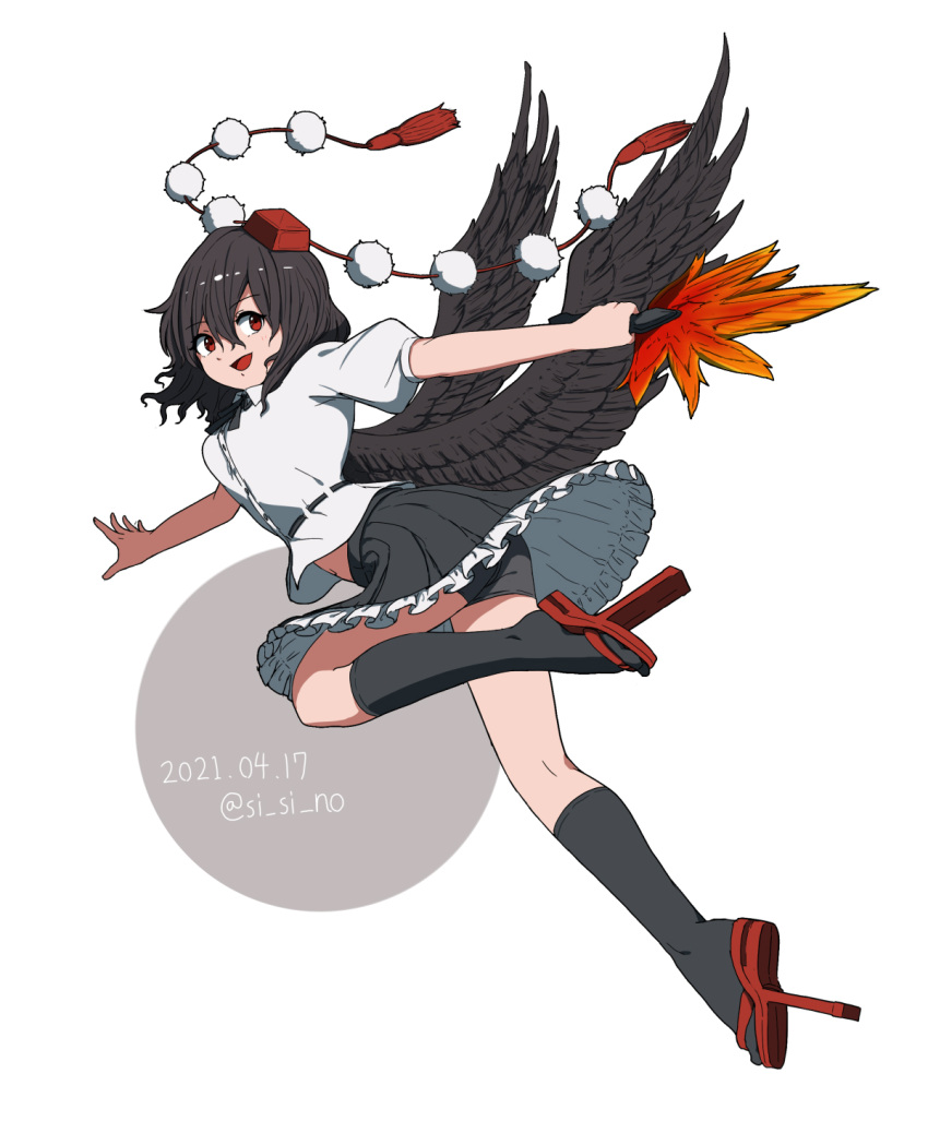 1girl, arms_at_sides, bird_wings, black_hair, black_legwear, black_ribbon, black_skirt, black_wings