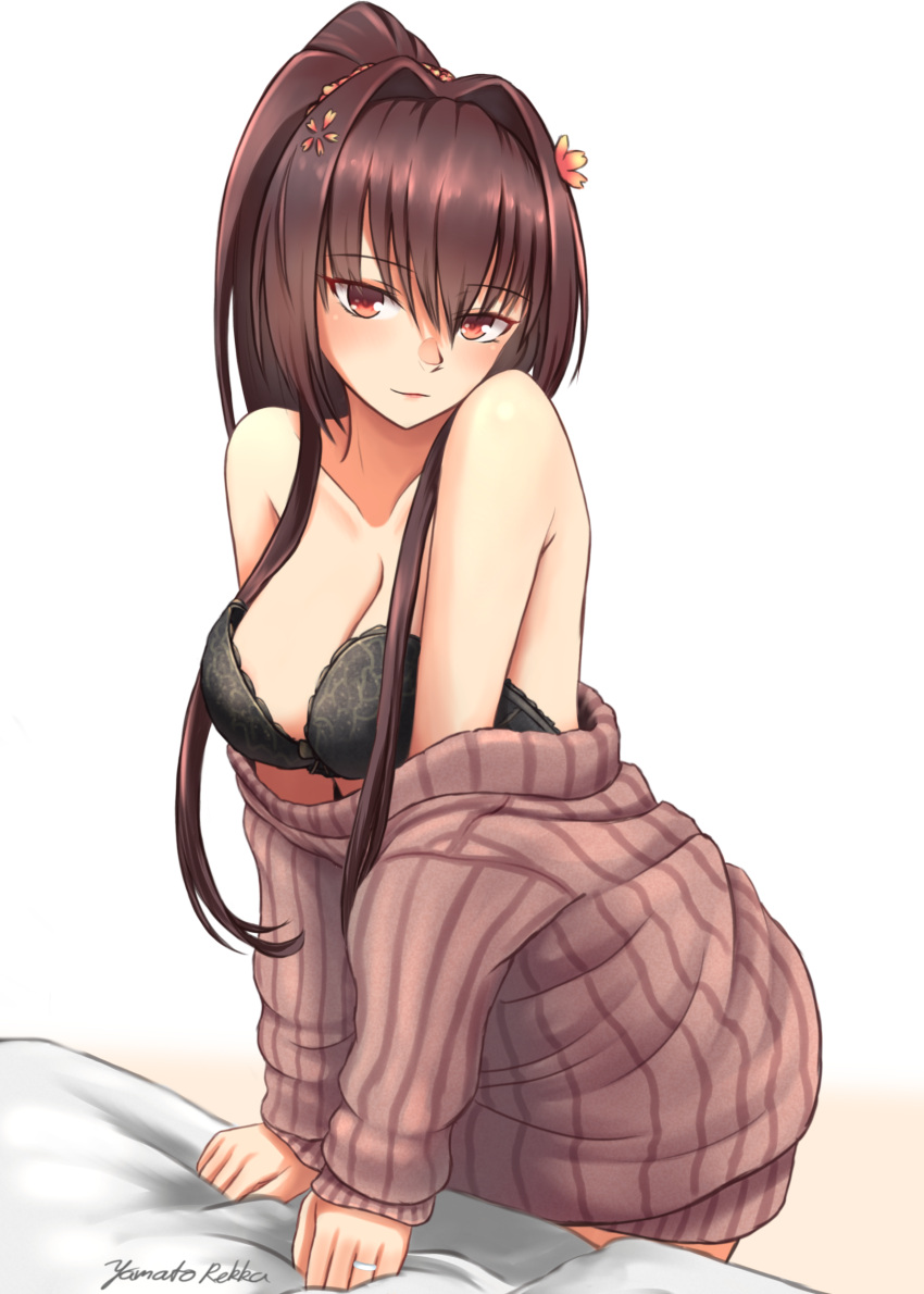 1girl, black_bra, bra, breasts, brown_eyes, brown_hair, brown_sweater, cherry_blossoms