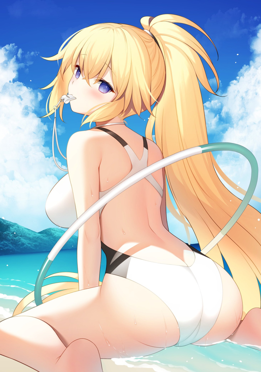 1girl, ass, bangs, bare_arms, bare_shoulders, barefoot, blonde_hair, blue_eyes