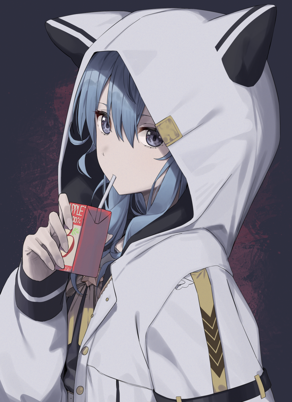 1girl, animal_hood, apple_juice, black_background, black_shirt, blue_eyes, blue_hair, closed_mouth