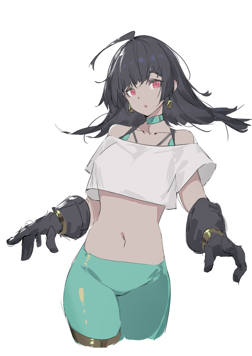 1girl, :o, absurdres, ahoge, aqua_choker, aqua_pants, bangs, bare_shoulders