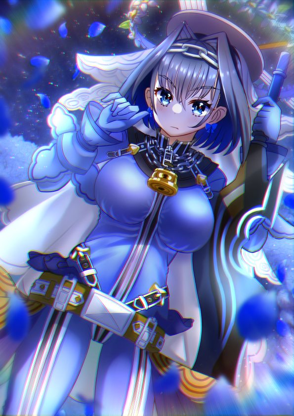 1girl, blue_hair, bow, bow_earrings, breasts, bridal_veil, chain, chain_necklace, cosplay, earrings, fate/extra, fate/extra_ccc, fate/grand_order, fate_(series), full-length_zipper, hair_intakes, head_wreath, headband, hololive, hololive_english, jewelry, large_breasts, lock, mechanical_halo, nero_claudius_(bride)_(fate), nero_claudius_(bride)_(fate)_(cosplay), nero_claudius_(fate), ouro_kronii, padlock, padlocked_collar, short_hair, veil, virtual_youtuber, wreath, yobi_(yobiyobi4), zipper, zipper_pull_tab