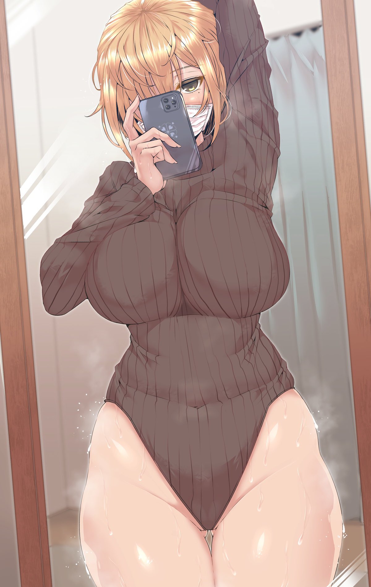 1girl, arm_up, ass_visible_through_thighs, bangs, blonde_hair, breasts, cellphone, commentary_request