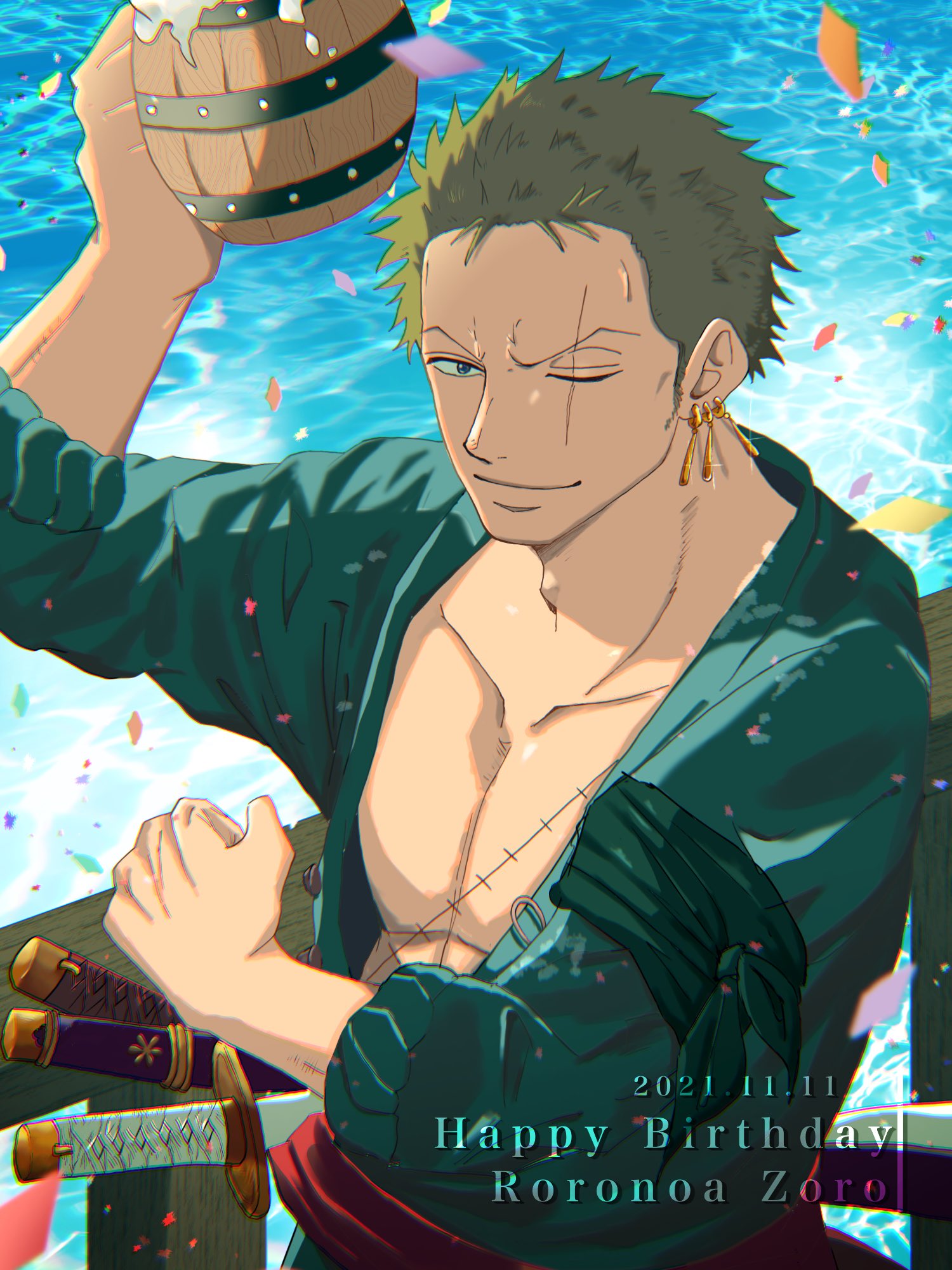 1boy, beer_mug, cup, earrings, english_text, green_hair, green_kimono, happy_birthday