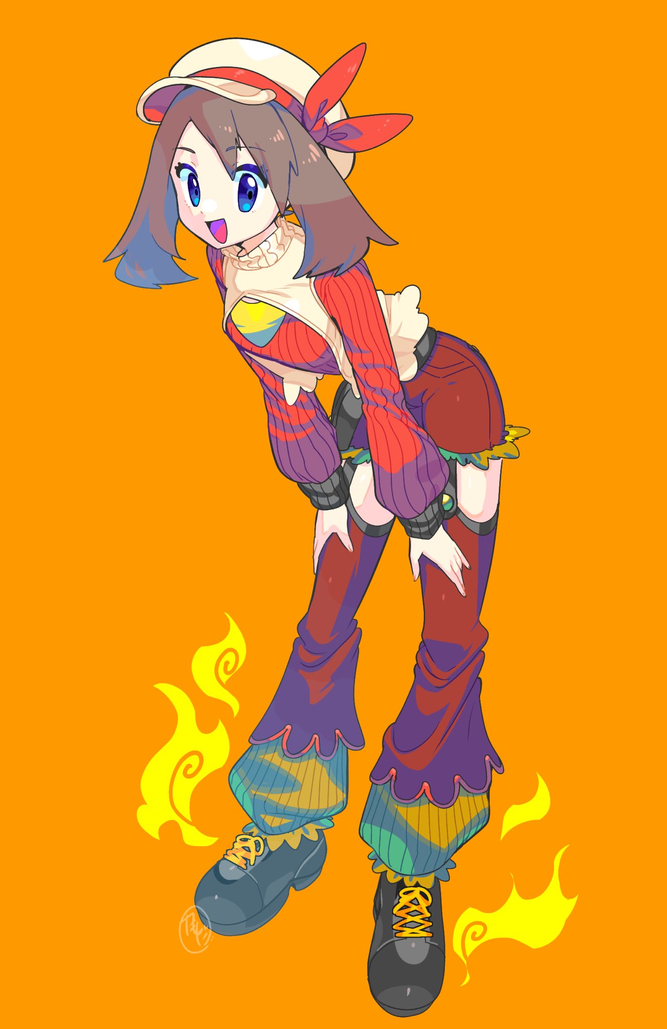 1girl, :d, alternate_costume, bangs, blaziken, blaziken_(cosplay), blue_eyes, brown_hair