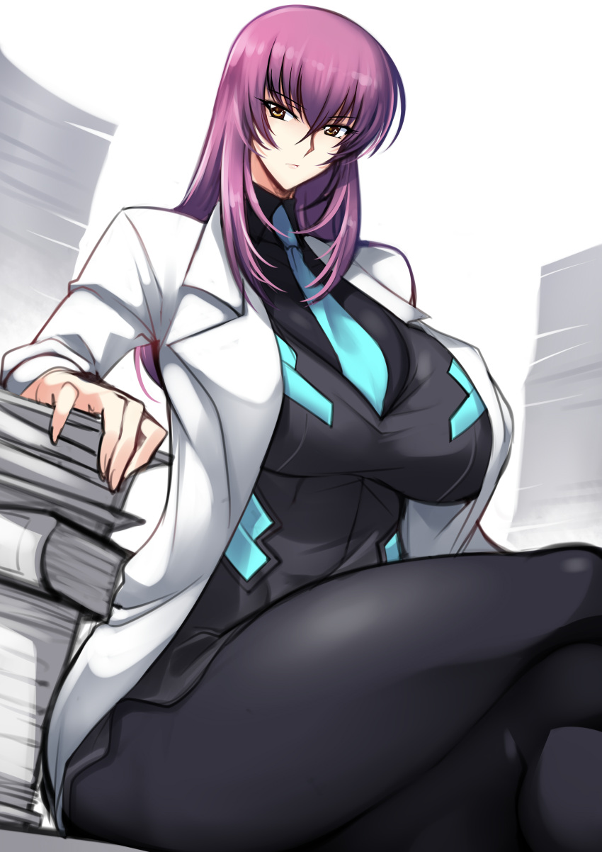 1girl, absurdres, bangs, black_jacket, black_legwear, black_shirt, blue_necktie, breasts