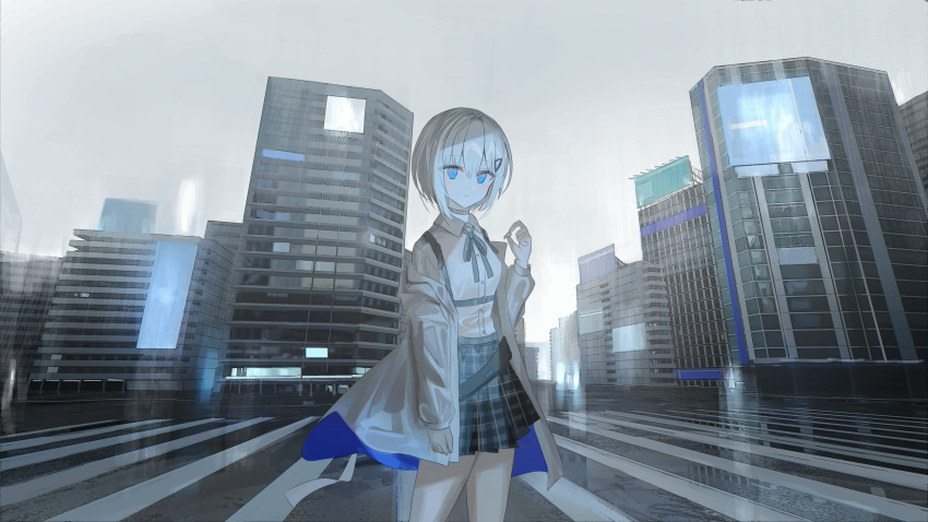 1girl, absurdres, answer_(vocaloid), bangs, blue_eyes, breasts, building, cevio