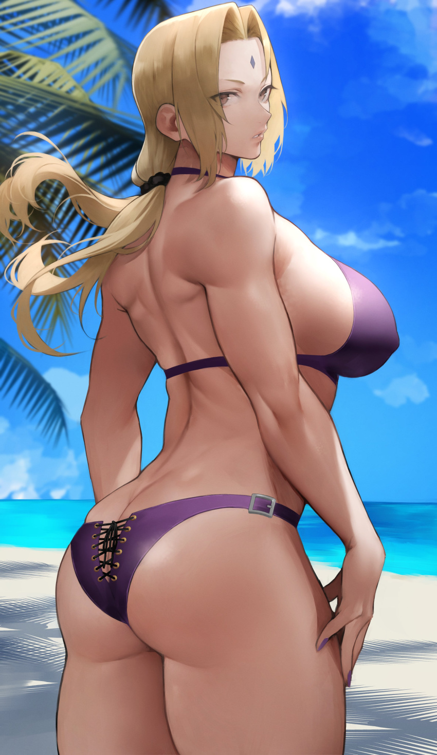 1girl, absurdres, ass, bangs, bare_shoulders, beach, bikini, blonde_hair, blue_sky, breasts, brown_eyes, day, highres, large_breasts, long_hair, looking_at_viewer, naruto, naruto_(series), palm_tree, parted_bangs, purple_bikini, sky, solo, swimsuit, thighs, tree, tsunade_(naruto), yoshio_(55level)