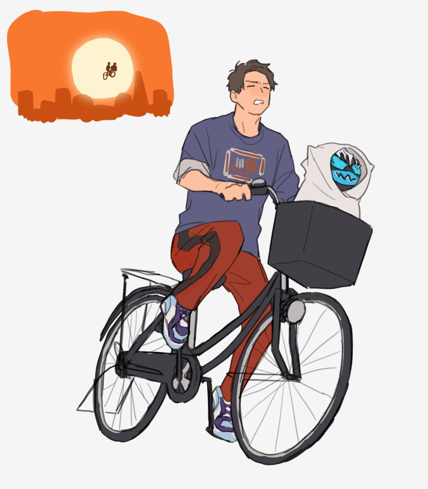 2boys, bbbb_fex, bicycle, blue_eyes, blue_shirt, brown_hair, closed_eyes, cosplay