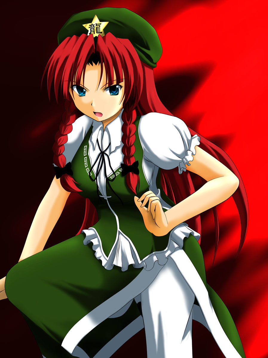 blue_eyes, braid, breasts, chinese_clothes, hat, highres, hong_meiling, kuroma_(no_plan)