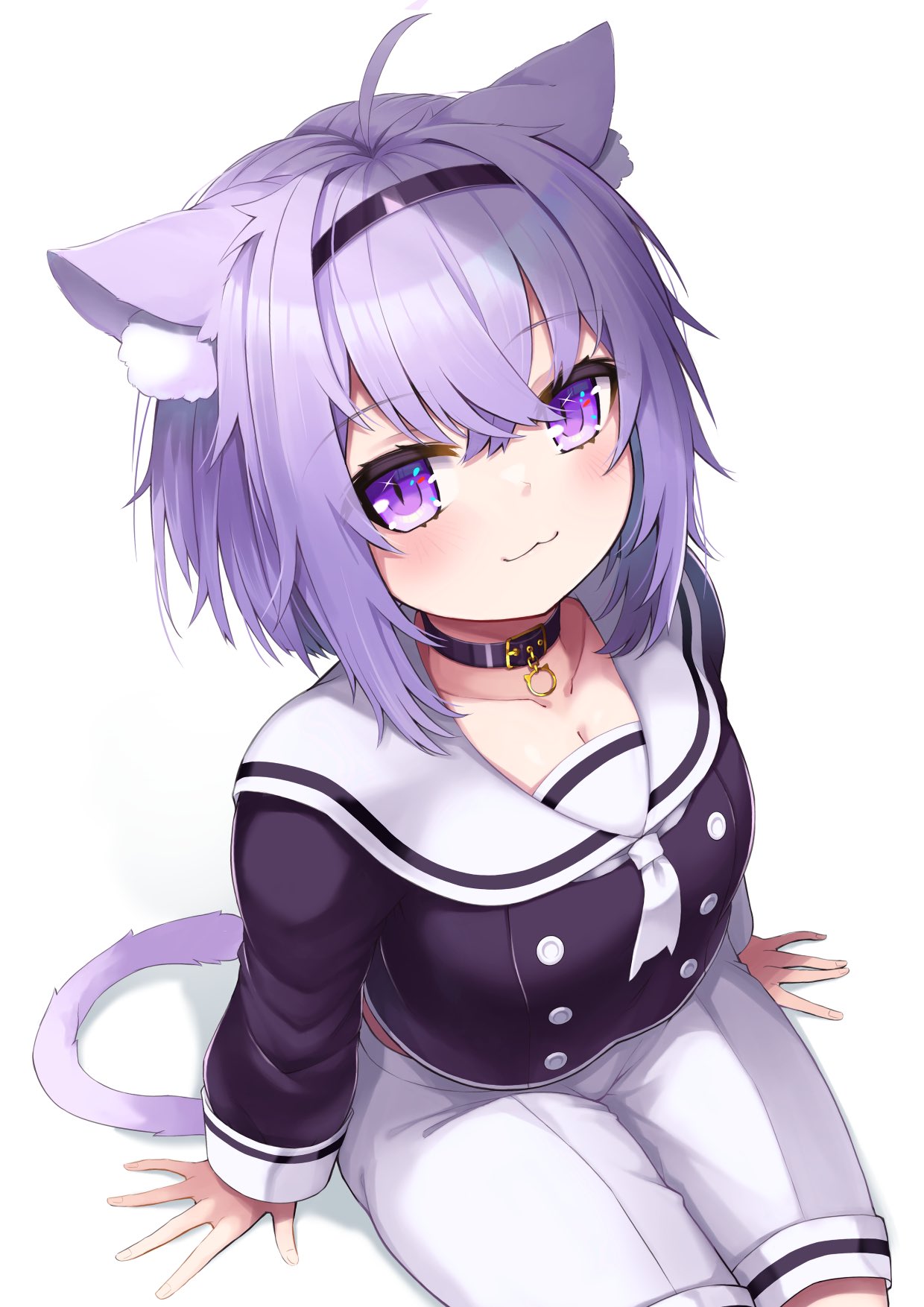 1girl, :3, ahoge, animal_ear_fluff, animal_ears, bangs, black_choker, black_hairband, black_shirt, blush, cat_ears, cat_girl, cat_tail, choker, closed_mouth, commentary_request, eyebrows_visible_through_hair, from_above, hair_between_eyes, hairband, highres, hololive, hototogisu_(hot_to_gis), long_sleeves, looking_at_viewer, looking_up, neckerchief, nekomata_okayu, purple_hair, sailor_collar, shirt, short_hair, simple_background, solo, tail, virtual_youtuber, white_background, white_footwear, white_neckerchief, white_sailor_collar