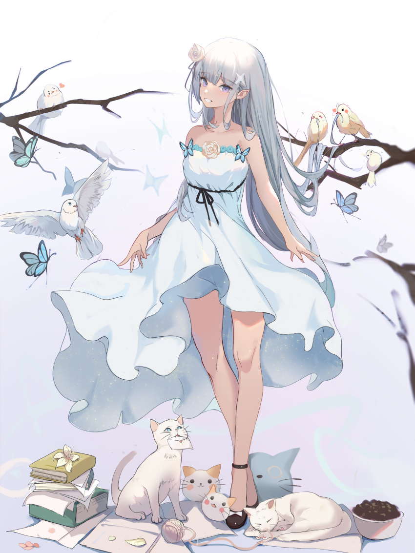 1girl, absurdres, bangs, bird, blunt_bangs, book, book_stack, branch
