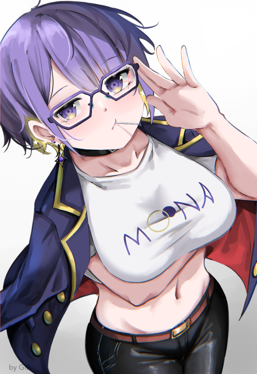 1girl, absurdres, arm_under_breasts, bangs, black_pants, blue_jacket, blush, candy