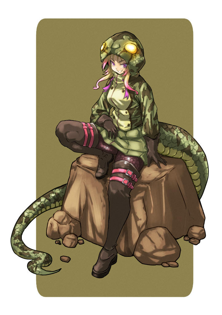 1girl, african_rock_python_(kemono_friends), black_footwear, black_gloves, black_legwear, blonde_hair, boots, commentary_request