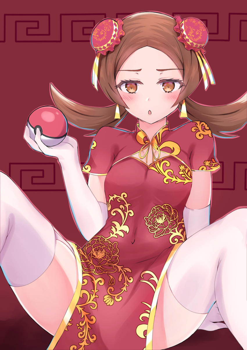 1girl, :o, alternate_costume, arm_support, blush, brown_eyes, brown_hair, bun_cover