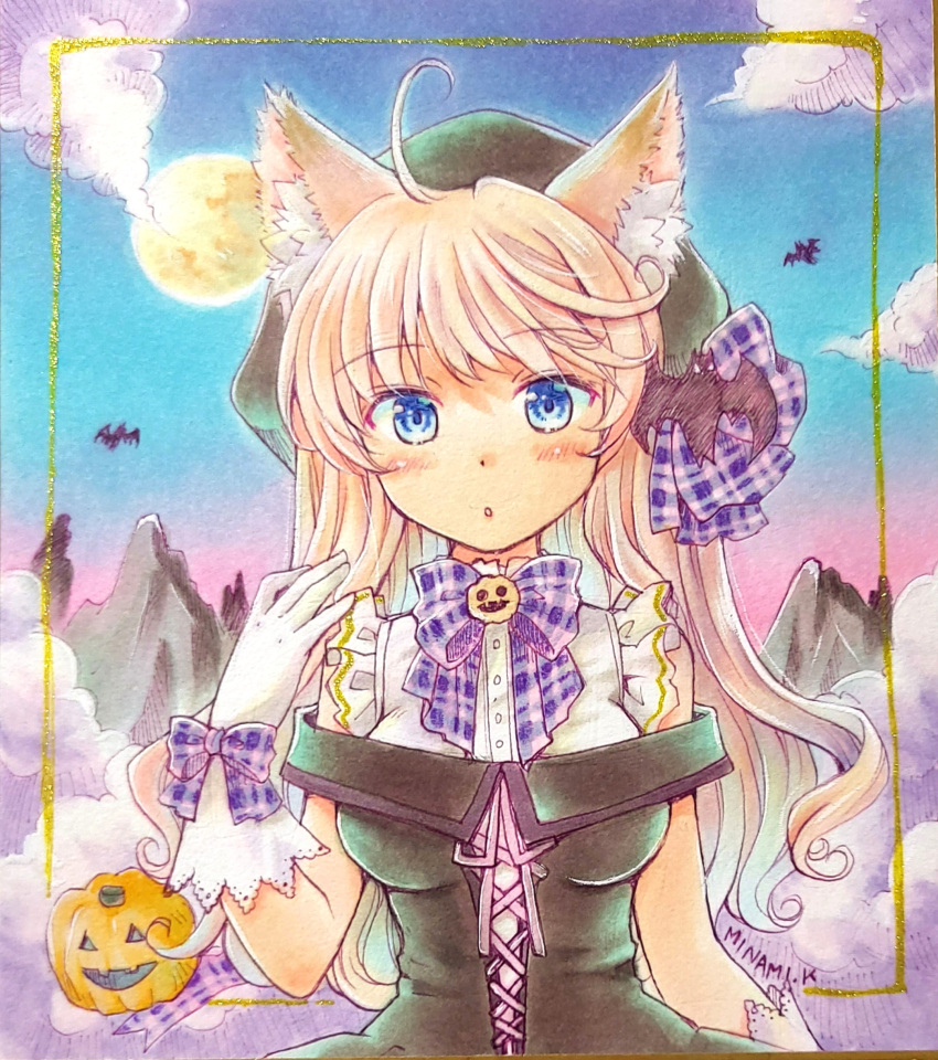 1girl, absurdres, animal_ears, artist_name, bangs, bat, bat_ornament, beret