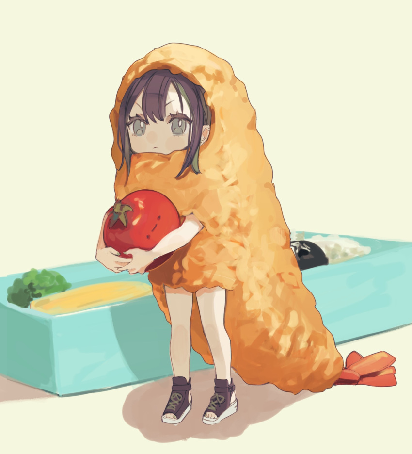 1girl, bangs, bento, brown_footwear, brown_hair, chibi, commentary_request, food