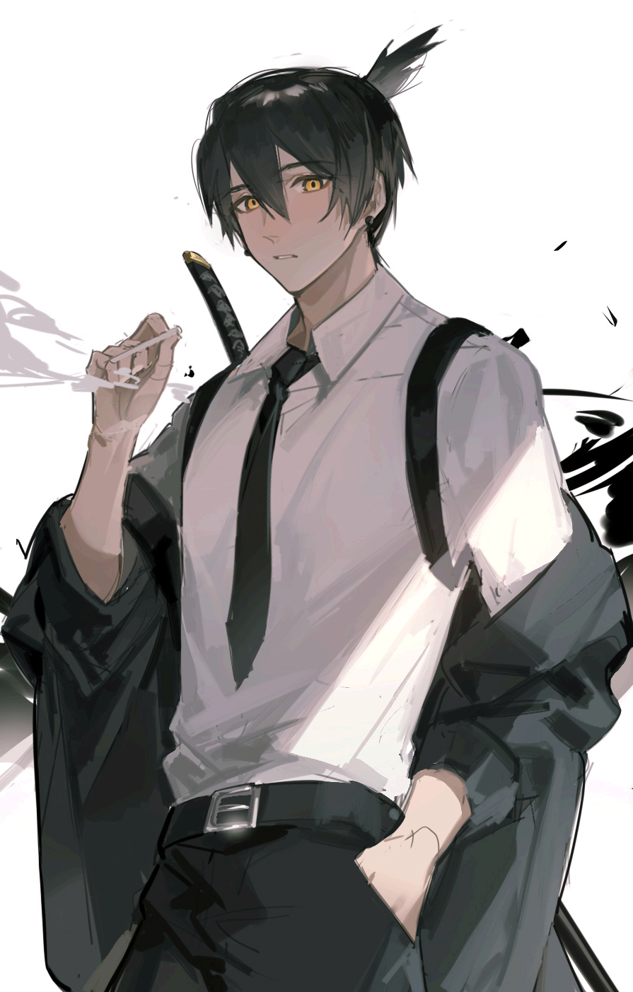1boy, belt, black_hair, black_necktie, black_pants, chainsaw_man, cigarette, collared_shirt