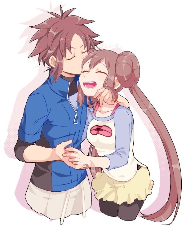 1boy, 1girl, :d, bangs, blake_(pokemon), blue_jacket, bodysuit, brown_hair