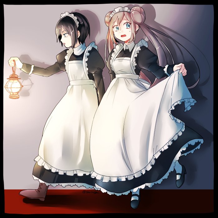 1boy, 1girl, apron, apron_lift, bangs, black_dress, black_footwear, blue_eyes