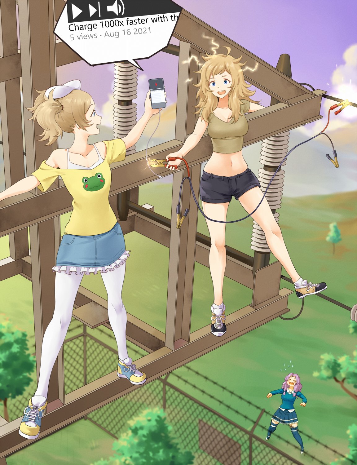 barbed_wire, blonde_hair, blush, cellphone, character_request, charging_device, denim, denim_shorts