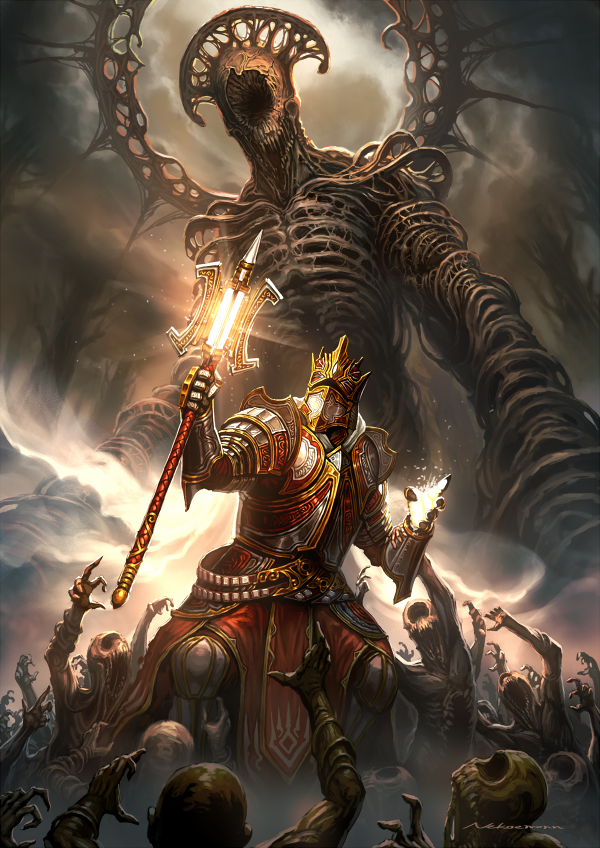 armor, arms_up, artist_name, fantasy, fighting_stance, gauntlets, helmet, holding