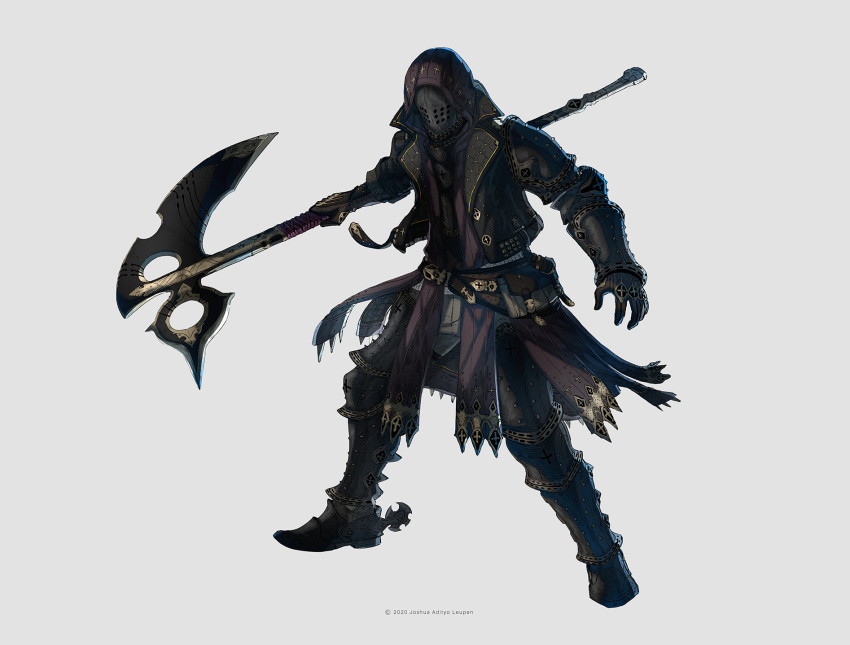 ambiguous_gender, armor, artist_name, axe, black_armor, black_gloves, black_jacket, bracer