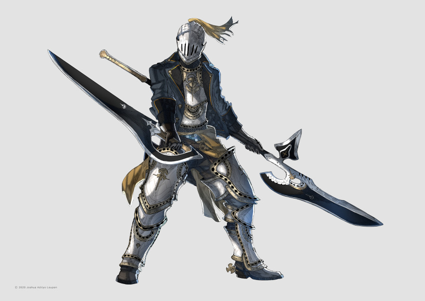 armor, artist_name, belt, black_gloves, dated, dual_wielding, fantasy, full_body