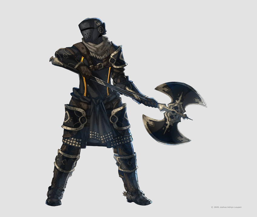 ambiguous_gender, armor, artist_name, axe, battle_axe, black_armor, brown_gloves, fantasy