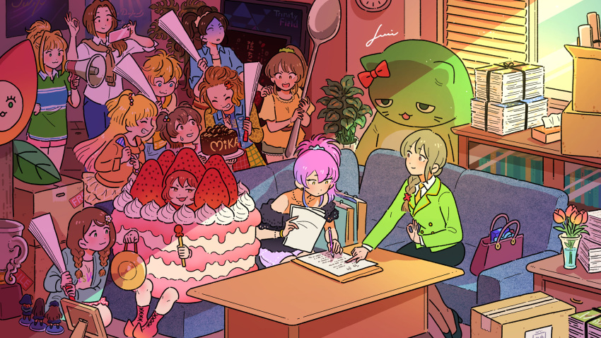 6+girls, :3, akagi_miria, akanishi_erika, cake, cake_costume, cathy_graham, character_name