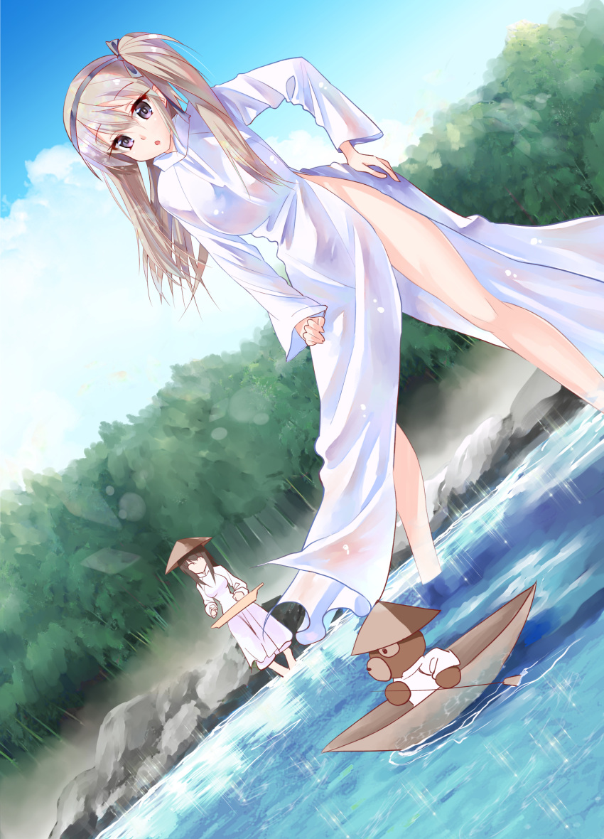 2girls, :o, ajirogasa, alternate_headwear, black_ribbon, blue_sky, boat, boko_(girls_und_panzer), brown_eyes, brown_hair, clouds, cloudy_sky, commentary, day, dress, dutch_angle, eno_(mauritz_stiller), eyebrows_visible_through_hair, girls_und_panzer, hair_ribbon, hand_on_own_thigh, hat, high_collar, highres, holding, holding_instrument, instrument, kantele, leaning_forward, light_brown_hair, long_dress, long_sleeves, looking_at_viewer, mika_(girls_und_panzer), multiple_girls, no_panties, one_side_up, open_clothes, open_dress, opened_by_self, outdoors, ribbon, river, rock, shimada_arisu, side_slit, sitting, sky, sparkle, standing, stuffed_animal, stuffed_toy, teddy_bear, tree, vietnamese_dress, wading, water, watercraft, white_dress