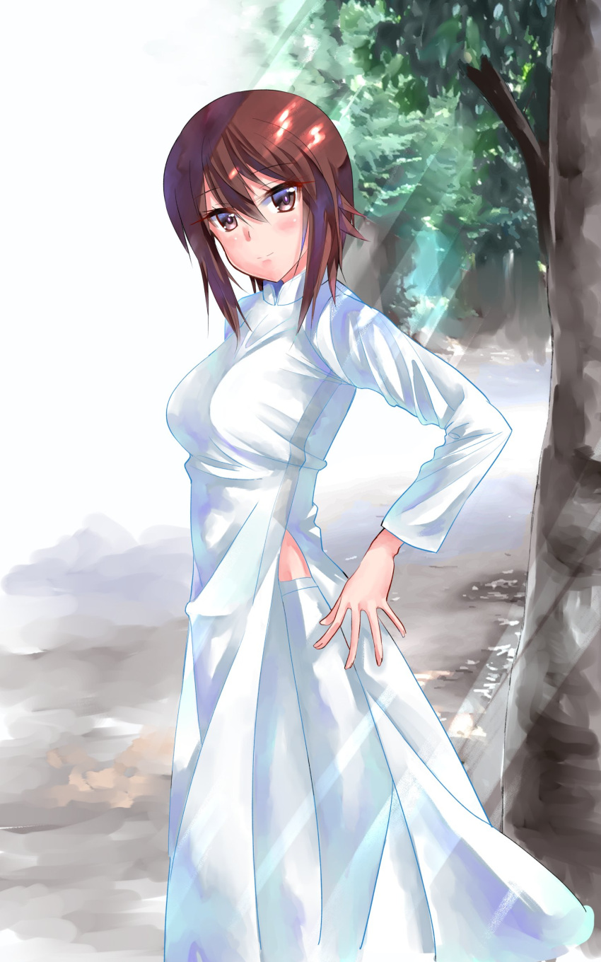 1girl, bangs, brown_eyes, brown_hair, closed_mouth, commentary, dappled_sunlight, day