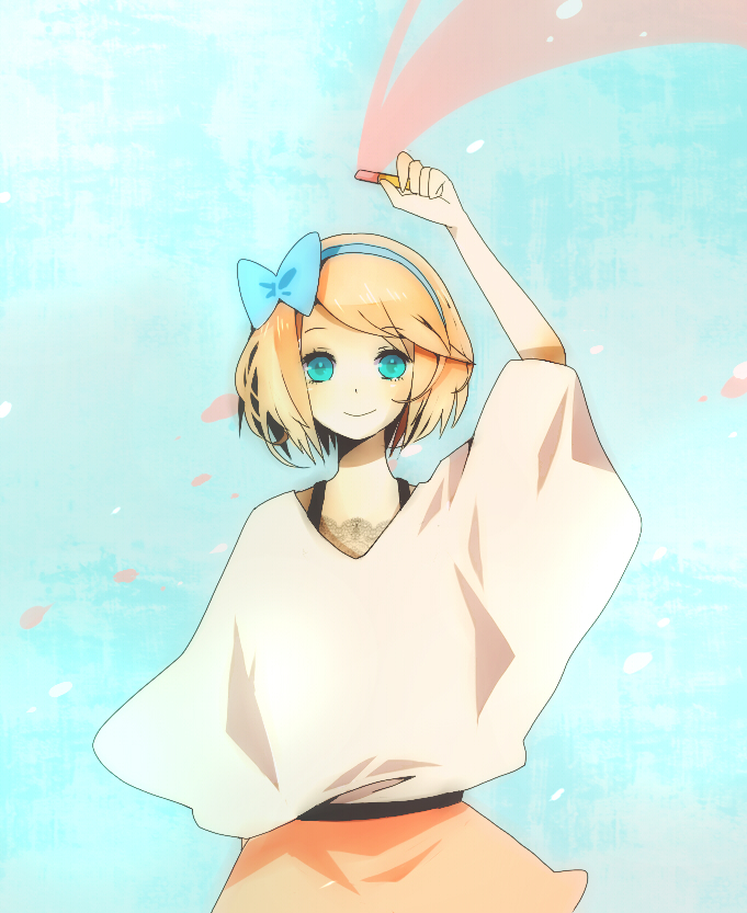 aqua_hair, bad_id, blonde_hair, bow, hair_bow, kagamine_rin, lipstick, shiromame, short_hair, smile, solo, vocaloid