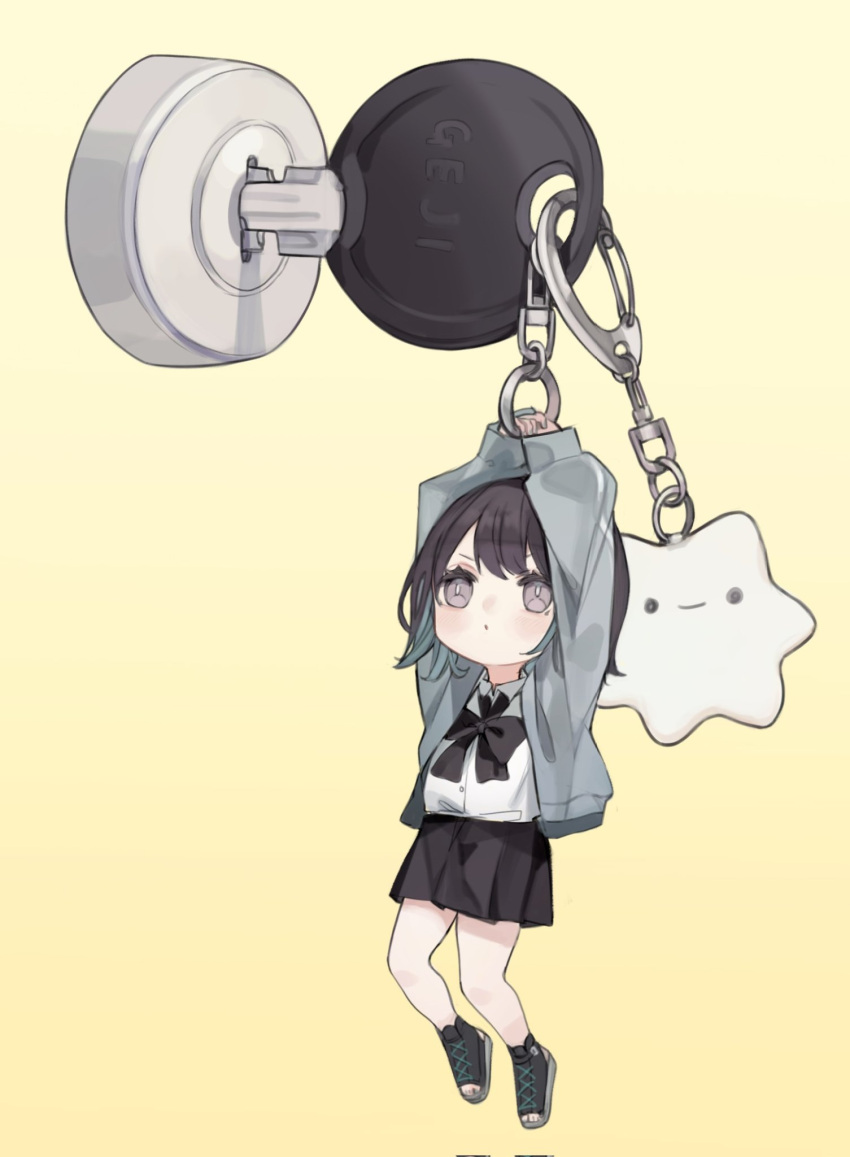 1girl, arms_up, bangs, black_bow, black_bowtie, black_footwear, black_hair, black_skirt