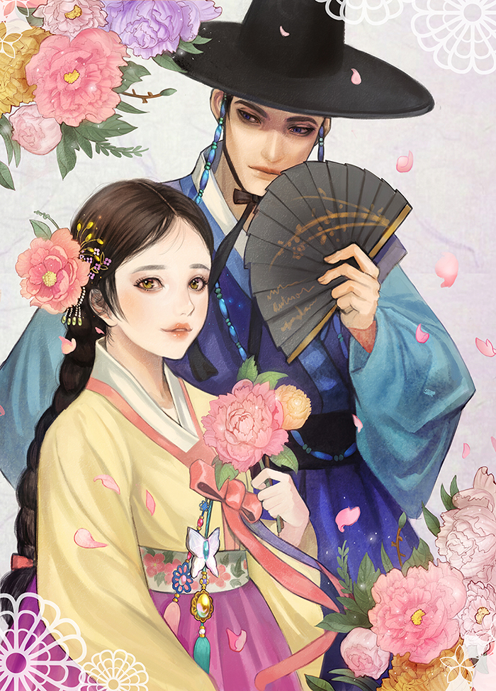 1boy, 1girl, black_hair, braid, brown_eyes, flower, folding_fan, gat_(korean_traditional_hat), grey_background, hair_flower, hair_ornament, hanbok, hand_fan, hetero, holding, holding_fan, holding_flower, jewelry, korean_clothes, long_hair, long_sleeves, low-tied_long_hair, original, petals, pingffy
