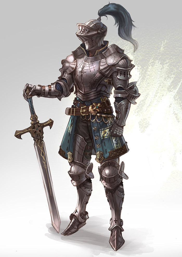 arm_at_side, armor, belt, boots, clenched_hand, full_body, gauntlets, grey_background, helmet, knight, original, pingffy, standing, sword, weapon