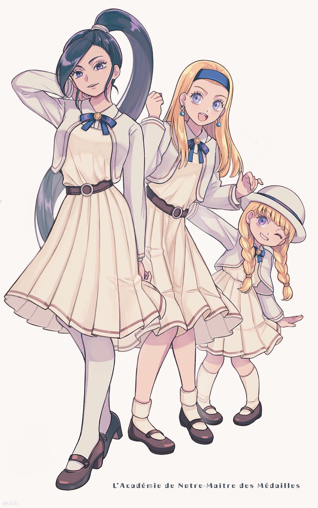 3girls, alternate_color, arm_behind_back, black_hair, blonde_hair, blue_hairband, braid, dragon_quest, dragon_quest_xi, hair_over_shoulder, hairband, hat, high_ponytail, highres, long_skirt, mahoshiki, martina_(dq11), multiple_girls, official_alternate_costume, one_eye_closed, school_uniform, senya_(dq11), skirt, twin_braids, veronica_(dq11), violet_eyes, white_headwear, white_legwear