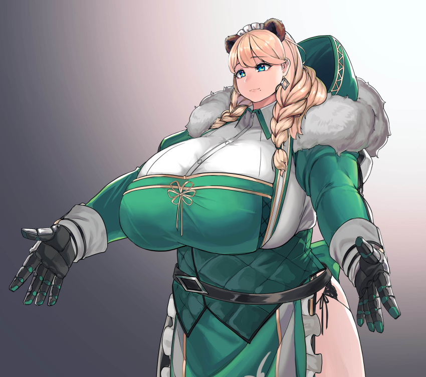 1girl, absurdres, animal_ears, bangs, belt, black_panties, blonde_hair, blue_eyes, braid, breasts, buttons, character_request, closed_mouth, cowboy_shot, earrings, eyebrows_visible_through_hair, frills, fur_trim, gloves, gradient, gradient_background, highres, hood, hoodie, jewelry, last_origin, long_hair, long_sleeves, maid_headdress, mole, mole_under_mouth, outstretched_arms, panties, side-tie_panties, small_head, solo, string_panties, tajyador, underwear, wing_collar