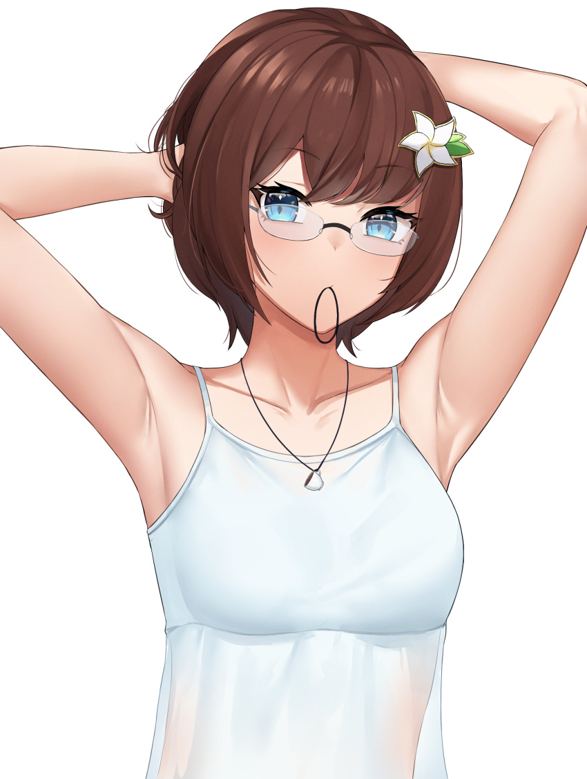 1girl, absurdres, armpits, arms_behind_head, arms_up, bangs, blue_eyes, brown_hair