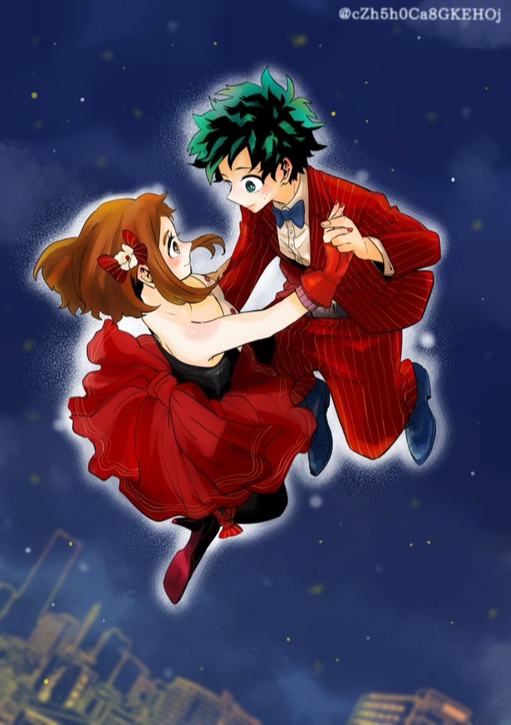 1boy, 1girl, bare_shoulders, boku_no_hero_academia, brown_eyes, brown_hair, couple, czh5h0ca8gkehoj