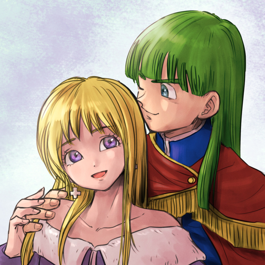 1boy, 1girl, :d, bare_shoulders, blonde_hair, blue_eyes, blue_jacket, cape
