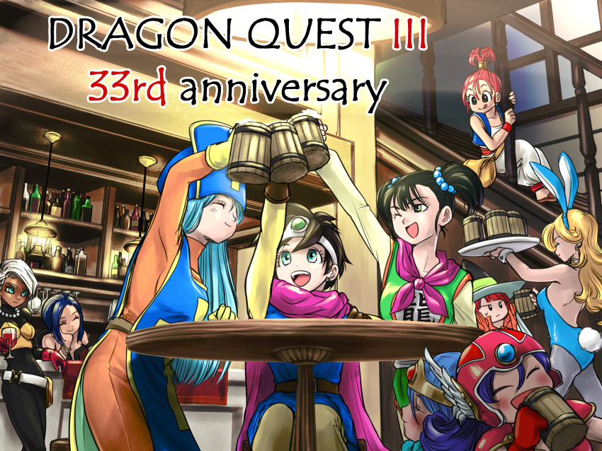6+girls, :d, absurdres, alcohol, animal_ears, anniversary, armor, bar