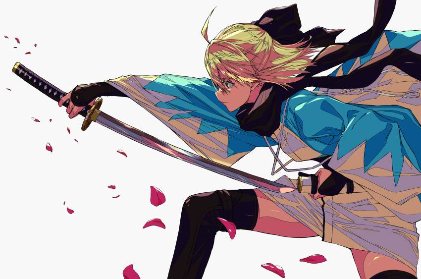 1girl, absurdres, ahoge, aoha, black_bow, black_legwear, black_scarf, blonde_hair, bow, cherry_blossoms, fate/grand_order, fate_(series), from_side, green_eyes, hair_between_eyes, hair_bow, haori, highres, japanese_clothes, katana, kimono, okita_souji_(fate), okita_souji_(koha/ace), petals, scarf, sheath, short_kimono, solo, sword, thighs, unsheathing, weapon, white_background, wide_sleeves, xtango