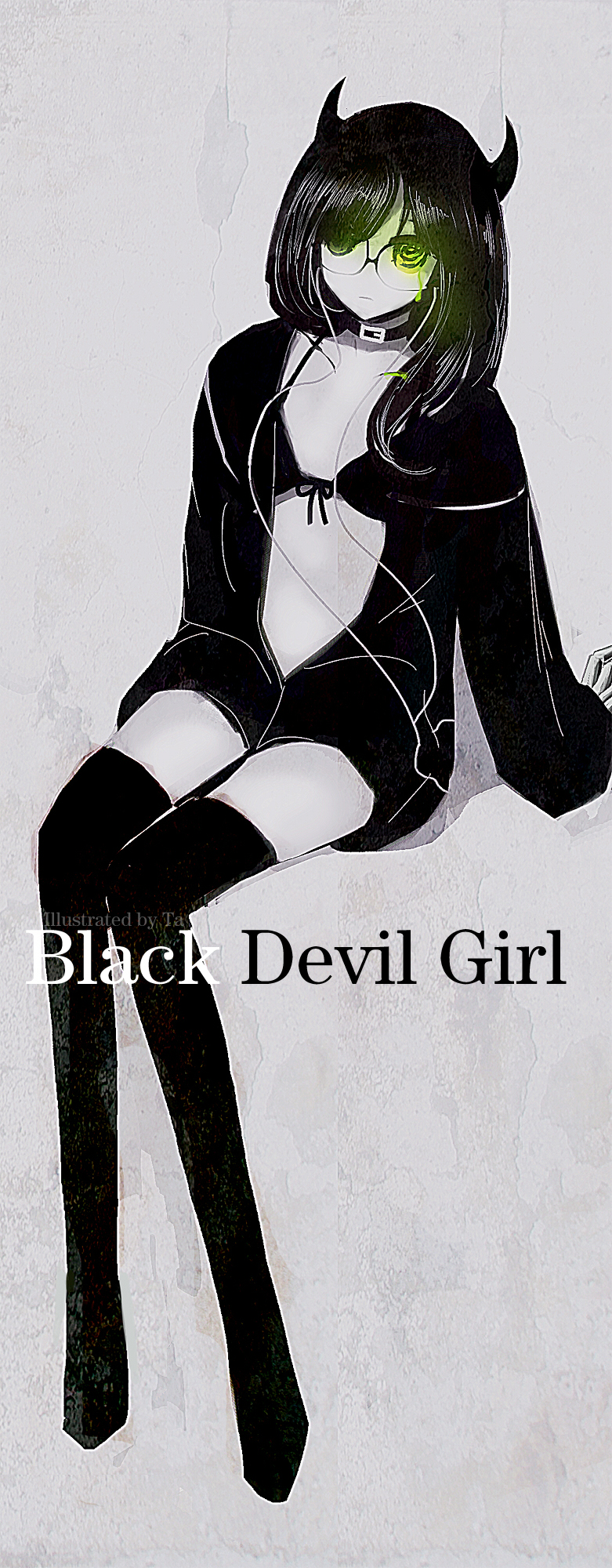 bikini_top, black_devil_girl, black_hair, black_rock_shooter, earphones, glasses, glowing, glowing_eyes