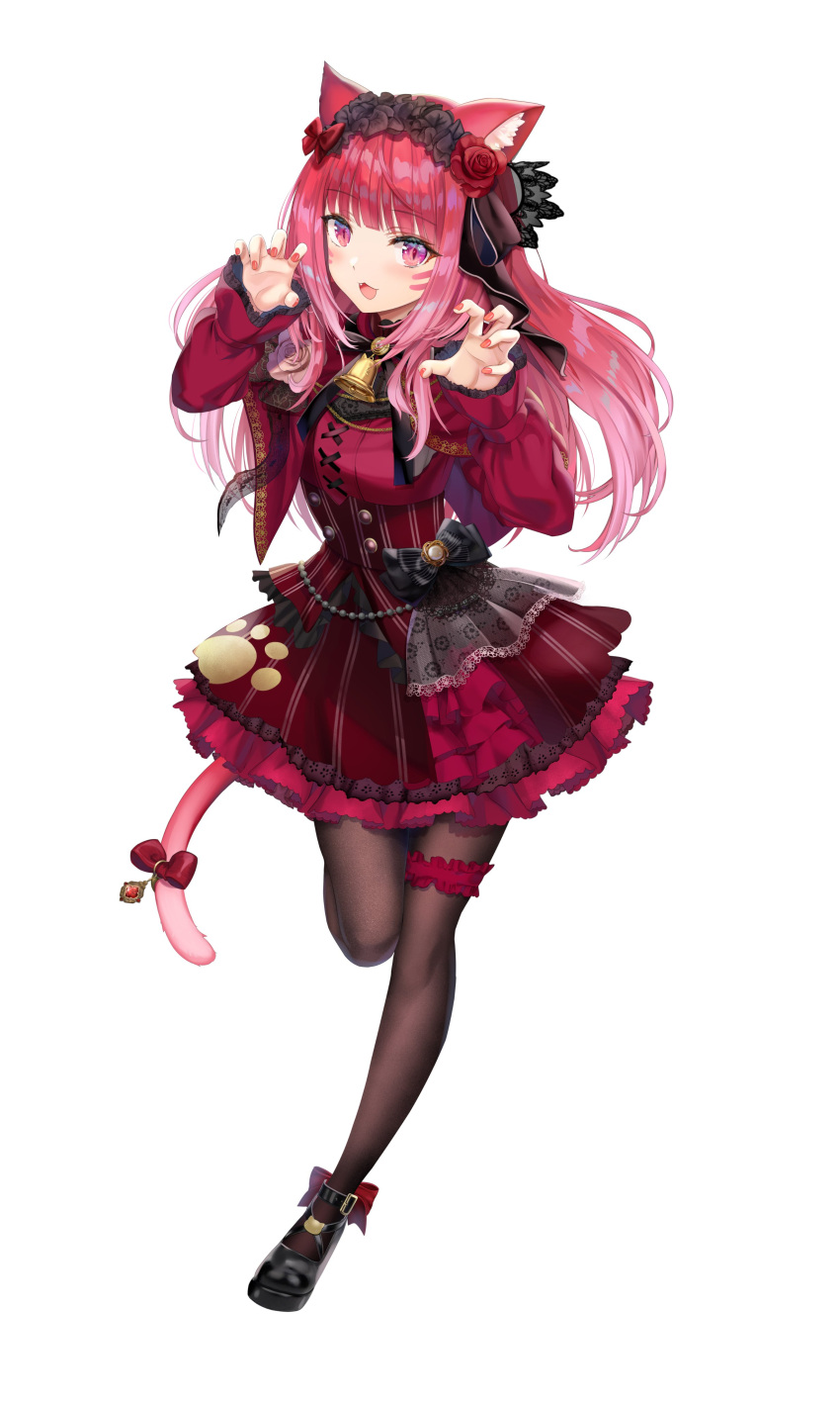 1girl, absurdres, animal_ear_fluff, animal_ears, aruru_gray, bangs, black_footwear, breasts, cat_ears, cat_girl, cat_tail, claw_pose, fang, flower, hair_flower, hair_ornament, hairband, highres, lolita_hairband, medium_breasts, official_art, open_mouth, pantyhose, production_kawaii, red_eyes, red_flower, red_rose, red_shirt, red_skirt, redhead, rose, shirt, skirt, tail, thigh_strap, torino_akua, virtual_youtuber