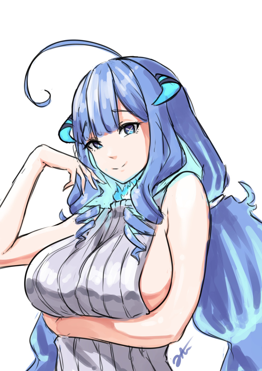 1girl, absurdres, ahoge, arm_under_breasts, blue_eyes, blue_hair, breasts, english_commentary, eyebrows_visible_through_hair, fire, highres, horns, large_breasts, long_hair, looking_at_viewer, meme_attire, prism_project, qtini, rikudou_yura, sideboob, sketch, smile, solo, upper_body, virgin_killer_sweater, virtual_youtuber, white_background, x_x