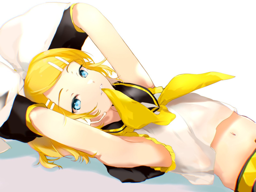 1girl, arm_up, armpits, arms_up, ascot, bare_shoulders, blonde_hair, blue_eyes, bow, crop_top, detached_sleeves, flat_chest, hair_bow, hair_ornament, hairclip, headphones, headset, highres, kagamine_rin, looking_at_viewer, lying, meme, midriff, mouth_hold, navel, necktie_in_mouth, on_back, oyamada_gamata, sailor_collar, seductive_smile, shirt, sleeveless, sleeveless_shirt, smile, solo, vocaloid, white_bow, yellow_neckwear