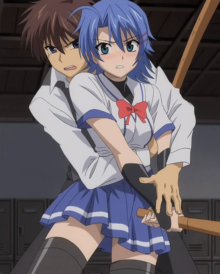 black_thighhighs, blue_eyes, blue_hair, blush, hairclip, hattori_junko, ichiban_ushiro_no_daimaou, ribbon